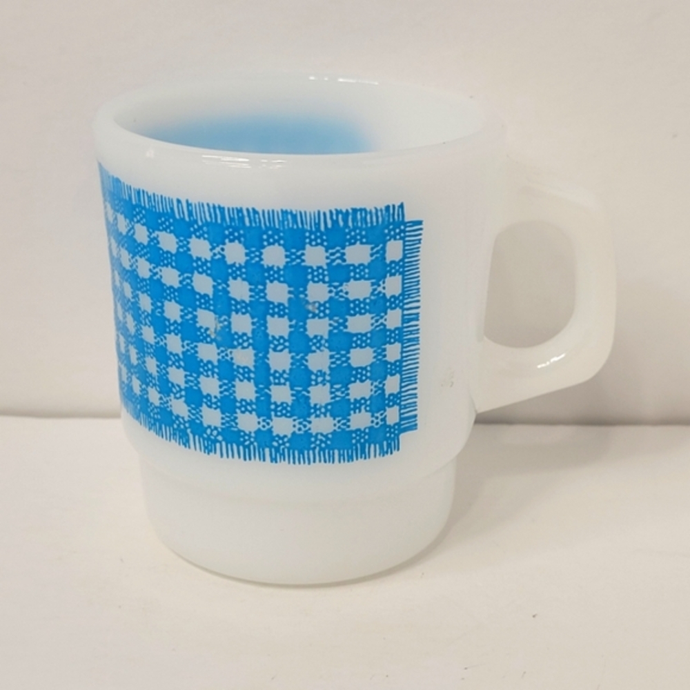 Vintage Anchor Hocking Fire King Blue Gingham Stacking Coffee Cup